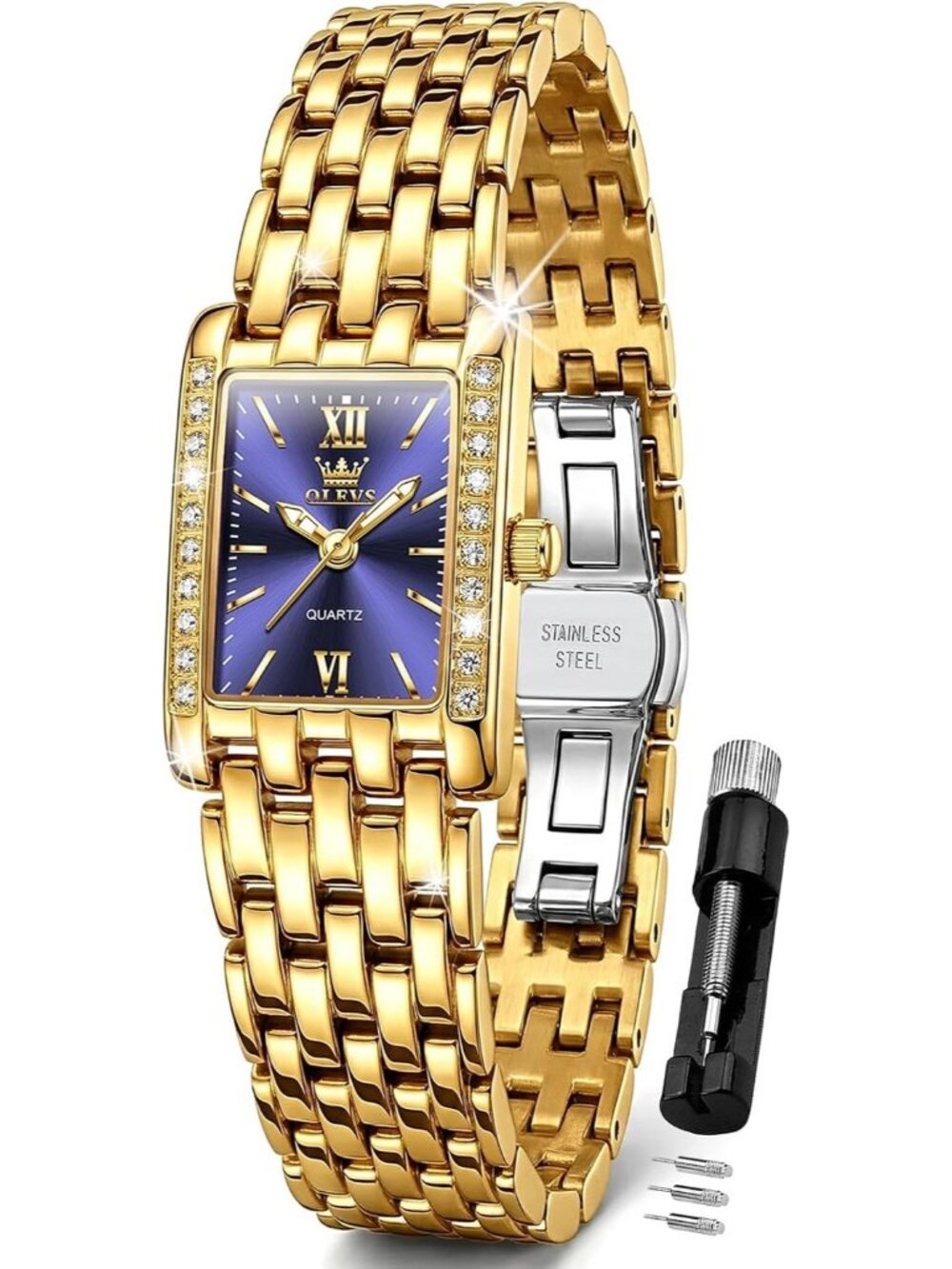 Womens Gold Band Purple Dial Diamond Fashion Elegant Chronograph Wristwatch